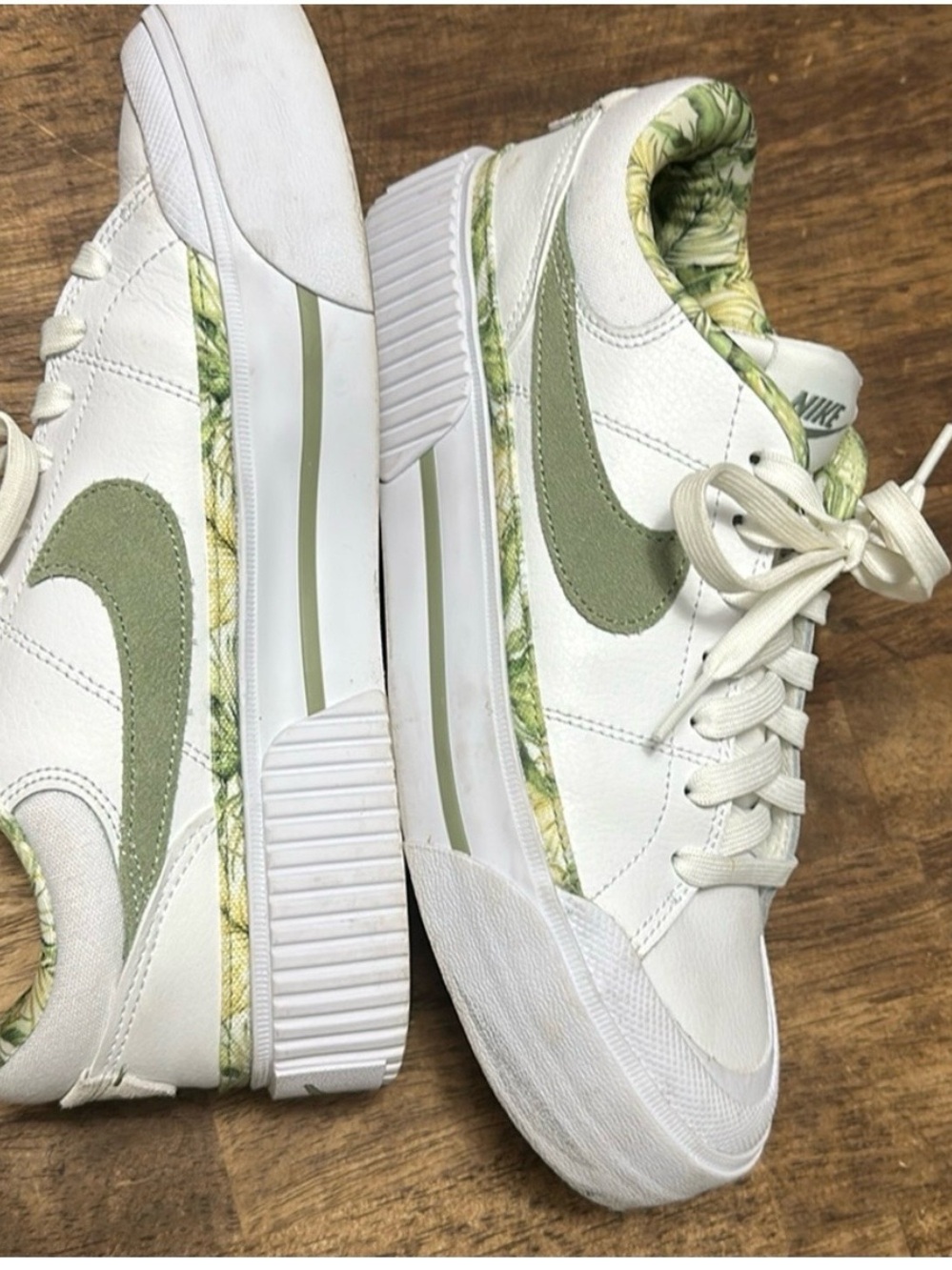 Nike White Sneakers with Sage Green Swoosh and Floral Trim